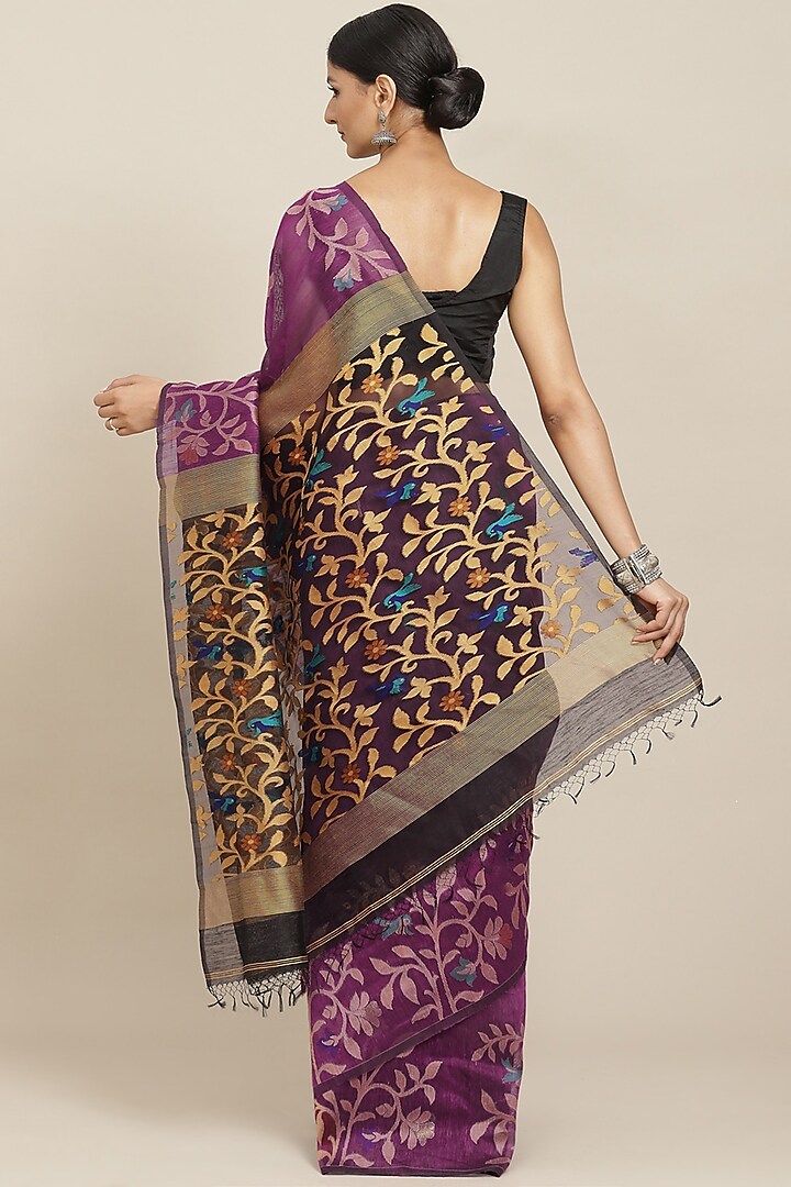 Purple Pure Resham Silk Printed & Floral Motif Embroidered Handloom Party Wear Saree by Aditri at Pernia's Pop Up Shop