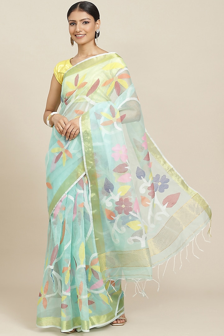 Turquoise Pure Resham Silk Printed & Floral Motif Embroidered Handloom Saree by Aditri