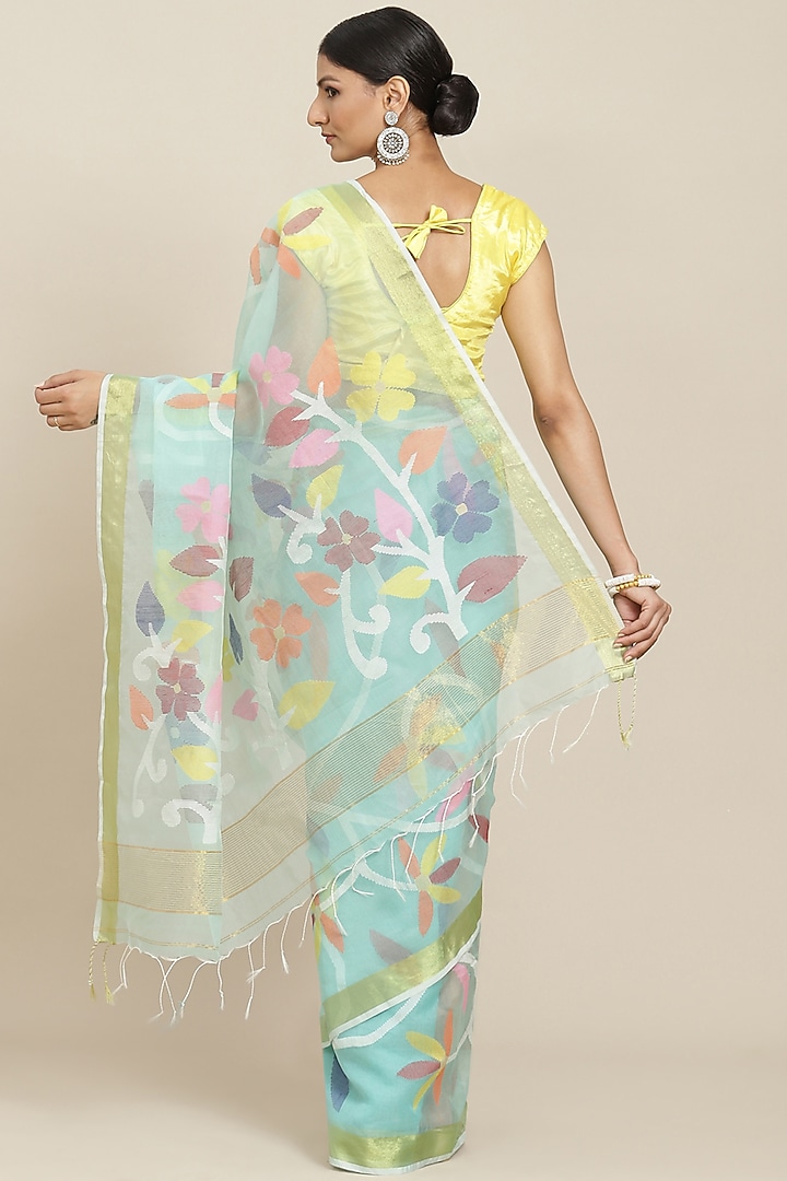 Turquoise Pure Resham Silk Printed & Floral Motif Embroidered Handloom Party Wear Saree by Aditri at Pernia's Pop Up Shop