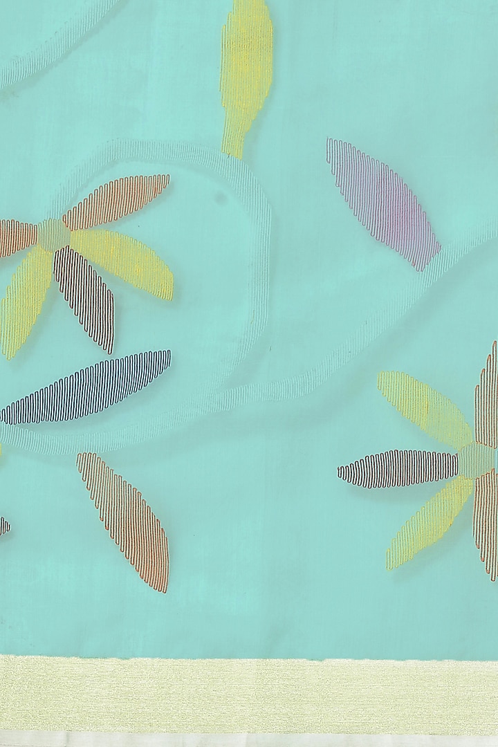 Turquoise Pure Resham Silk Printed & Floral Motif Embroidered Handloom Party Wear Saree by Aditri at Pernia's Pop Up Shop