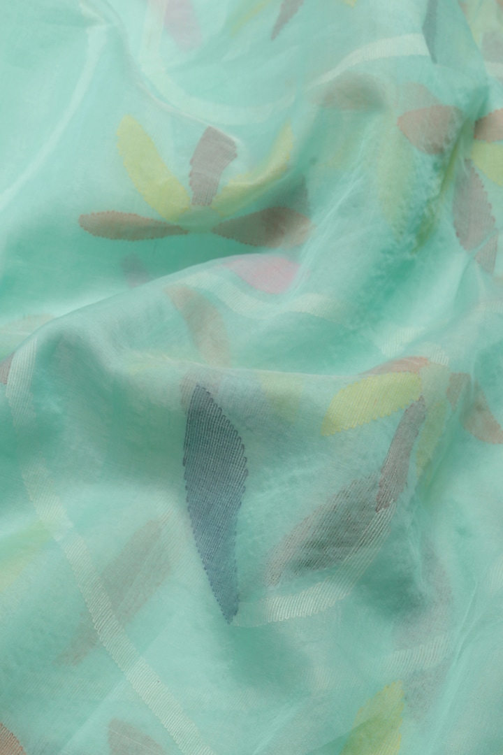Turquoise Pure Resham Silk Printed & Floral Motif Embroidered Handloom Party Wear Saree by Aditri at Pernia's Pop Up Shop