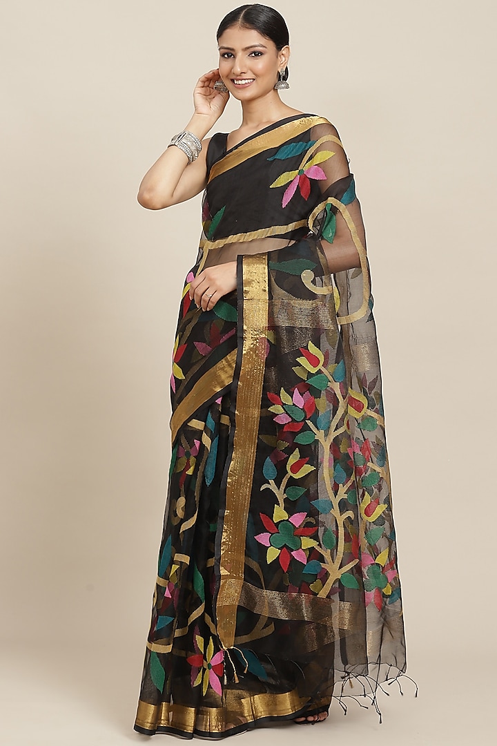 Black Pure Resham Silk Printed & Floral Motif Embroidered Handloom Saree by Aditri