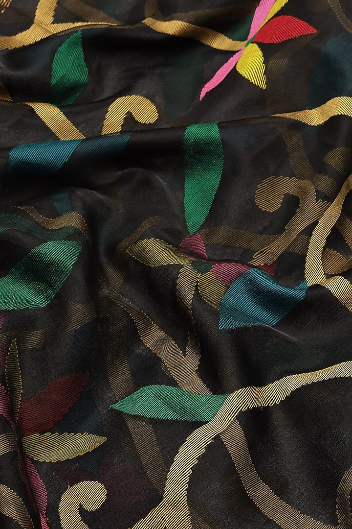 Black Pure Resham Silk Printed & Floral Motif Embroidered Handloom Party Wear Saree by Aditri at Pernia's Pop Up Shop