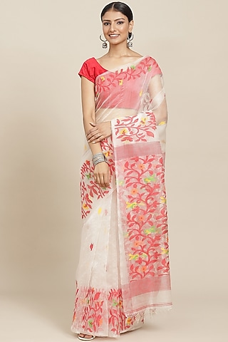 White Pure Resham Silk Printed & Floral Motif Embroidered Handloom Saree by Aditri