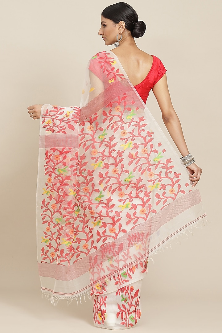 White Pure Resham Silk Printed & Floral Motif Embroidered Handloom Party Wear Saree by Aditri at Pernia's Pop Up Shop