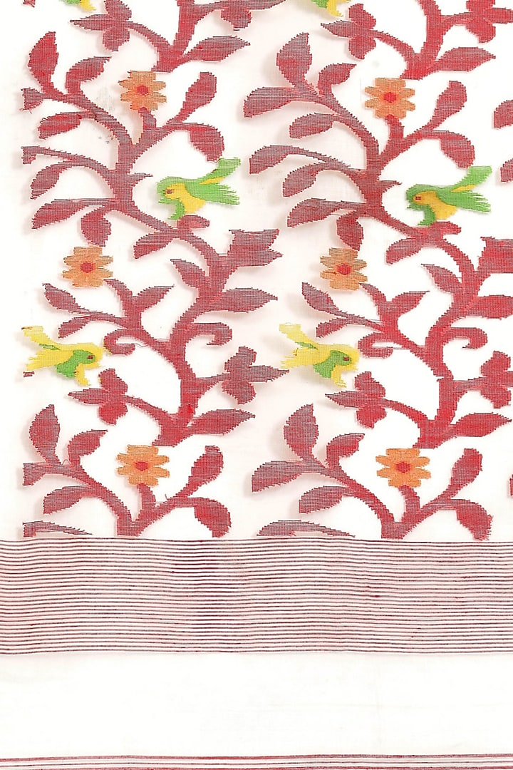 White Pure Resham Silk Printed & Floral Motif Embroidered Handloom Party Wear Saree by Aditri at Pernia's Pop Up Shop