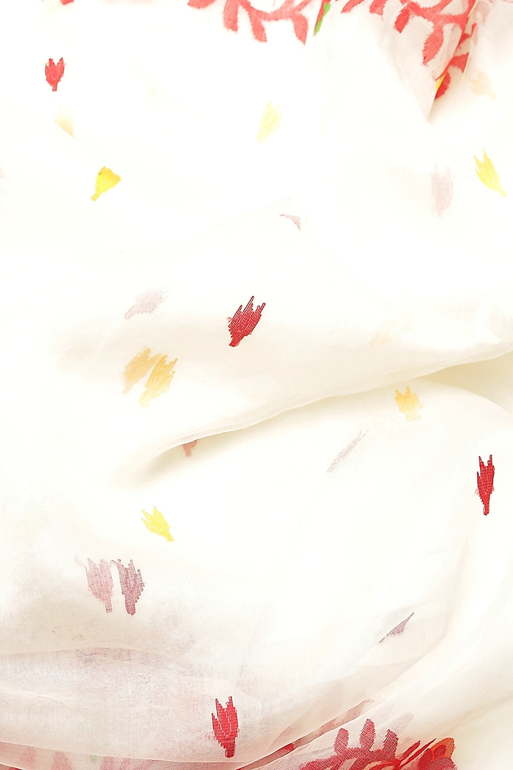 White Pure Resham Silk Printed & Floral Motif Embroidered Handloom Party Wear Saree by Aditri at Pernia's Pop Up Shop