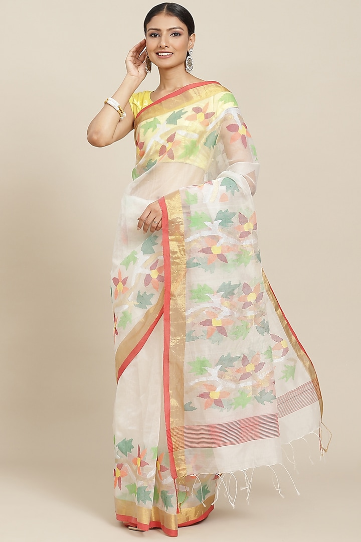 White Pure Resham Silk Printed & Floral Motif Embroidered Handloom Saree by Aditri