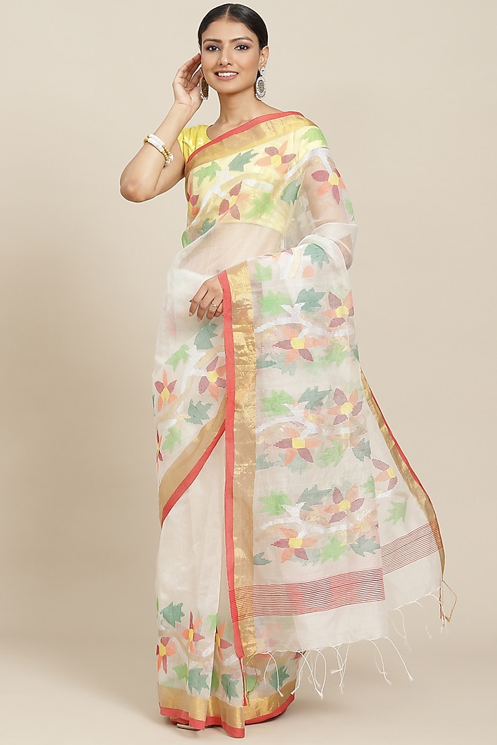 White Pure Resham Silk Printed & Floral Motif Embroidered Handloom Saree by Aditri at Pernia's Pop Up Shop