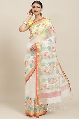 White Pure Resham Silk Printed & Floral Motif Embroidered Handloom Saree by Aditri