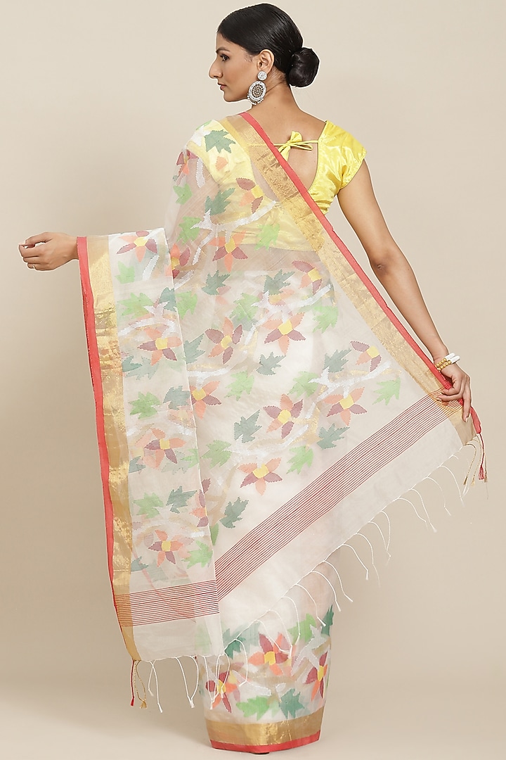 White Pure Resham Silk Printed & Floral Motif Embroidered Handloom Party Wear Saree by Aditri at Pernia's Pop Up Shop