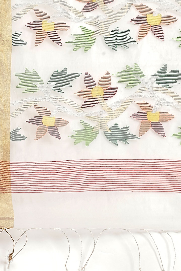 White Pure Resham Silk Printed & Floral Motif Embroidered Handloom Party Wear Saree by Aditri at Pernia's Pop Up Shop