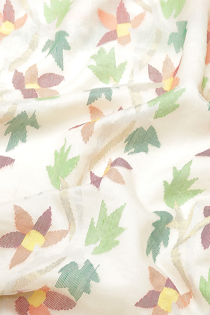 White Pure Resham Silk Printed & Floral Motif Embroidered Handloom Party Wear Saree by Aditri at Pernia's Pop Up Shop
