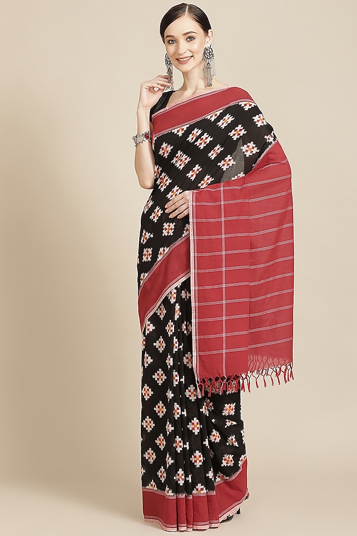 Black & Red Pure Cotton Ikkat Printed Handloom Saree by Aditri