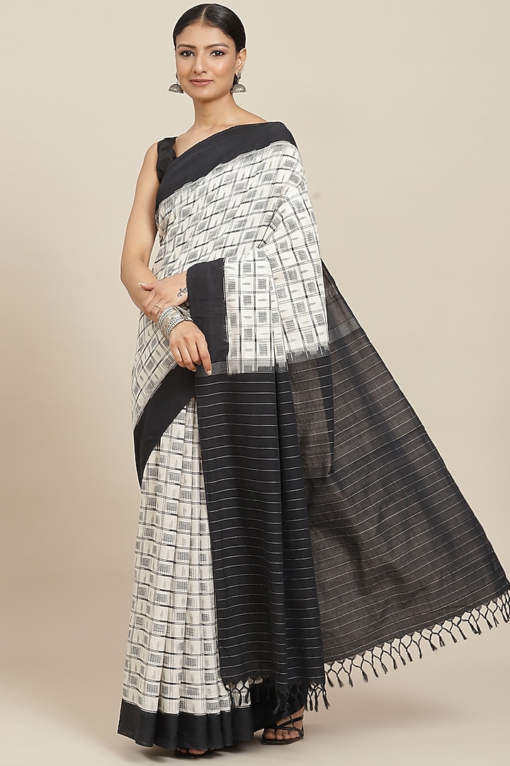 Black & White Pure Cotton Ikkat Printed Handloom Saree by Aditri
