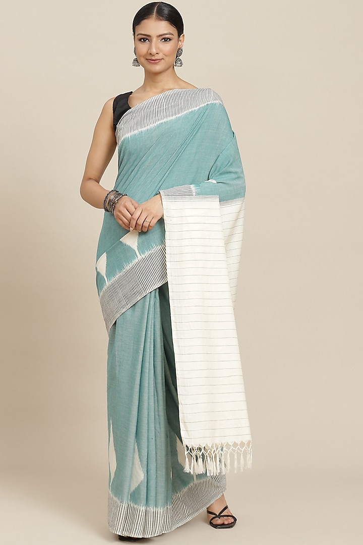 Powder Blue Pure Cotton Ikkat Printed Handloom Saree by Aditri