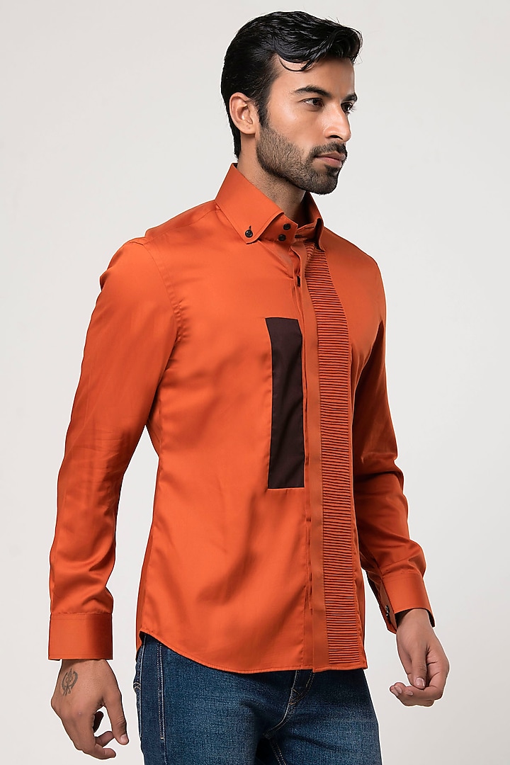 Orange Cotton Satin Shirt by Aditya Sachdeva Men