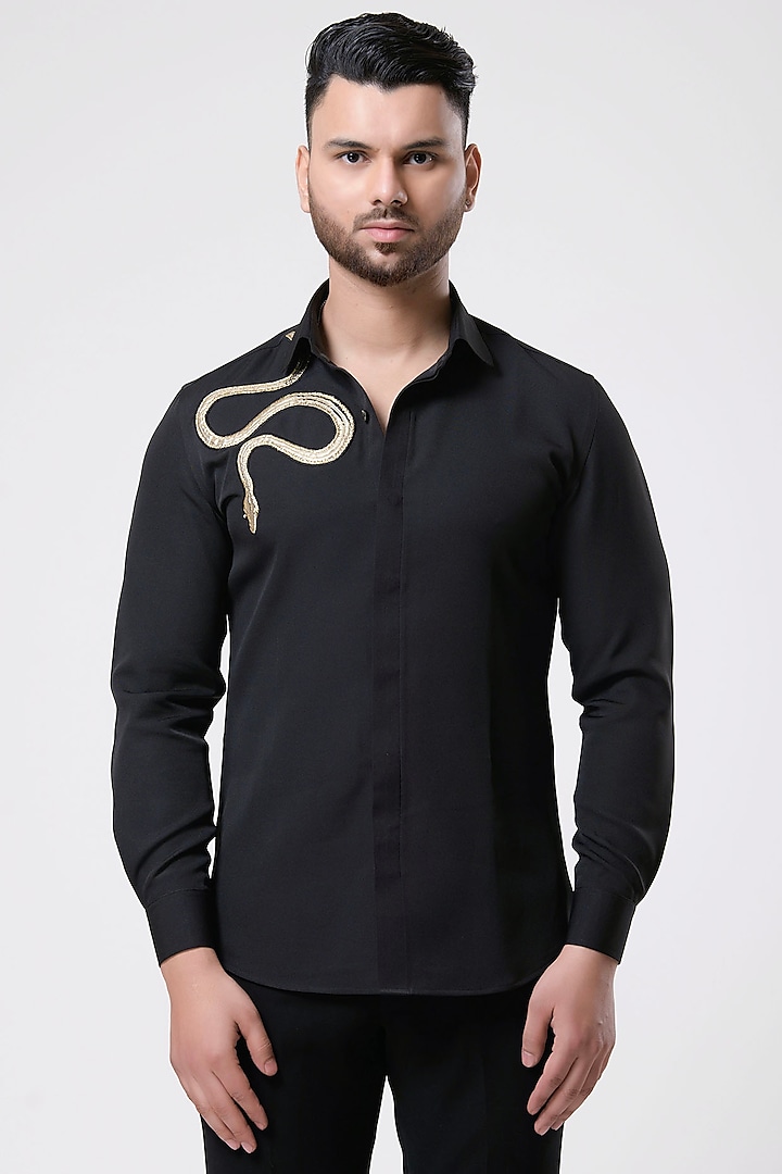 Black Italian Crepe Shirt by Aditya Sachdeva Men