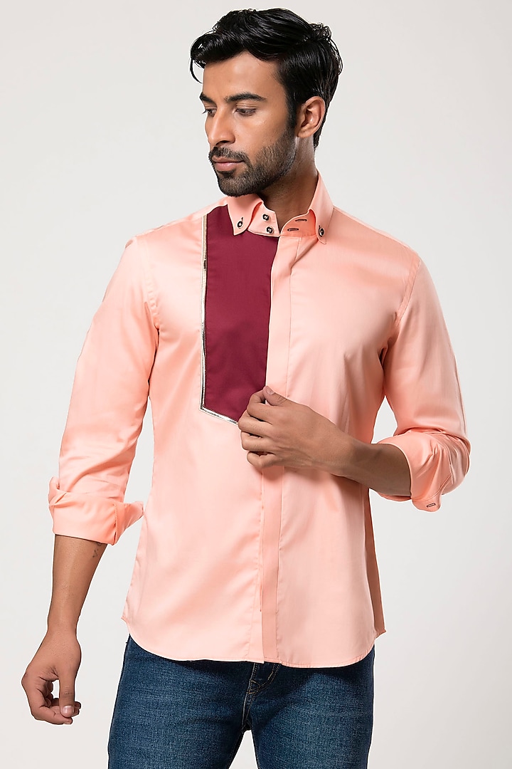 Light Orange Cotton Shirt by Aditya Sachdeva Men