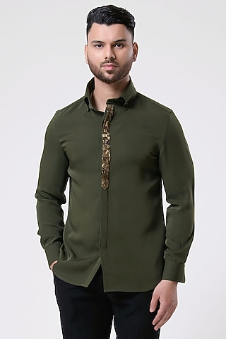 Mehendi Green Italian Crepe Hand Embroidered Shirt by Aditya Sachdeva Men