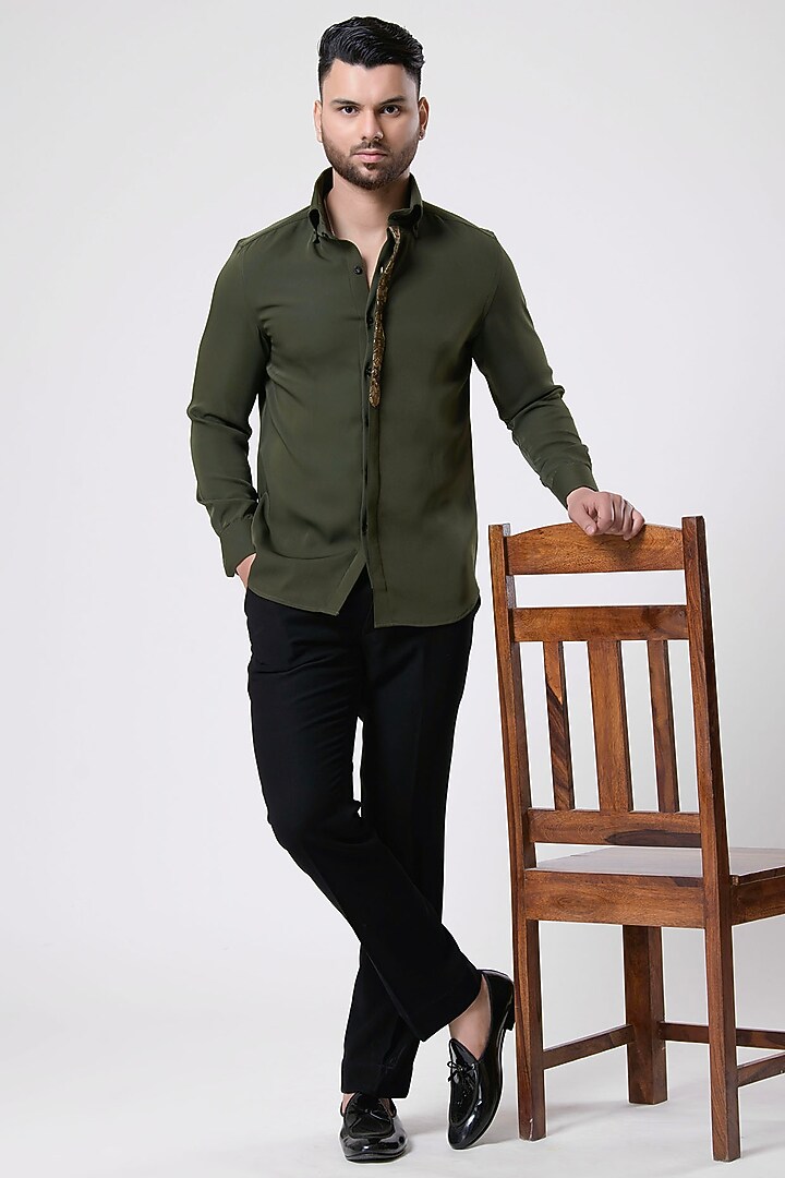 Mehendi Green Italian Crepe Hand Embroidered Party Wear Shirt by Aditya Sachdeva Men at Pernia's Pop Up Shop