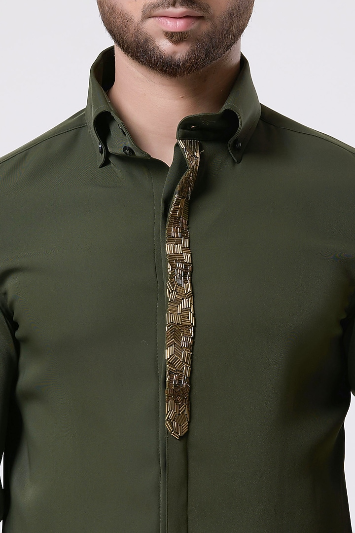 Mehendi Green Italian Crepe Hand Embroidered Party Wear Shirt by Aditya Sachdeva Men at Pernia's Pop Up Shop