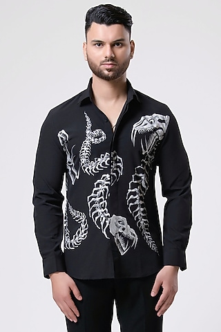 Black Italian Crepe Printed Shirt by Aditya Sachdeva Men