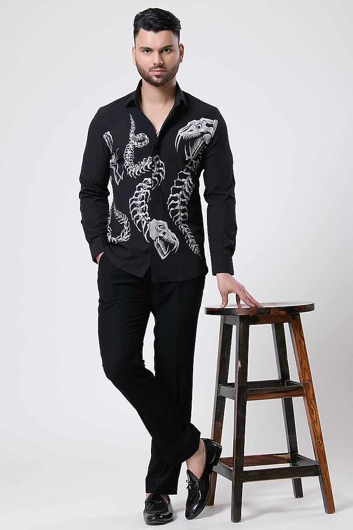 Black Italian Crepe Printed Party Wear Shirt by Aditya Sachdeva Men at Pernia's Pop Up Shop