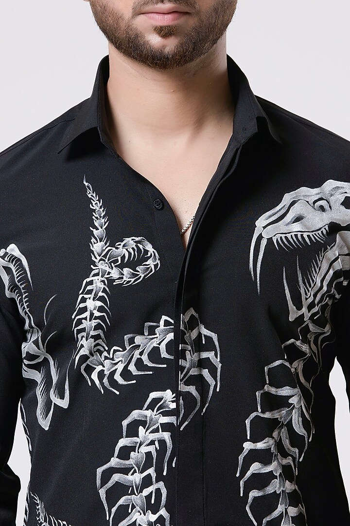 Black Italian Crepe Printed Party Wear Shirt by Aditya Sachdeva Men at Pernia's Pop Up Shop
