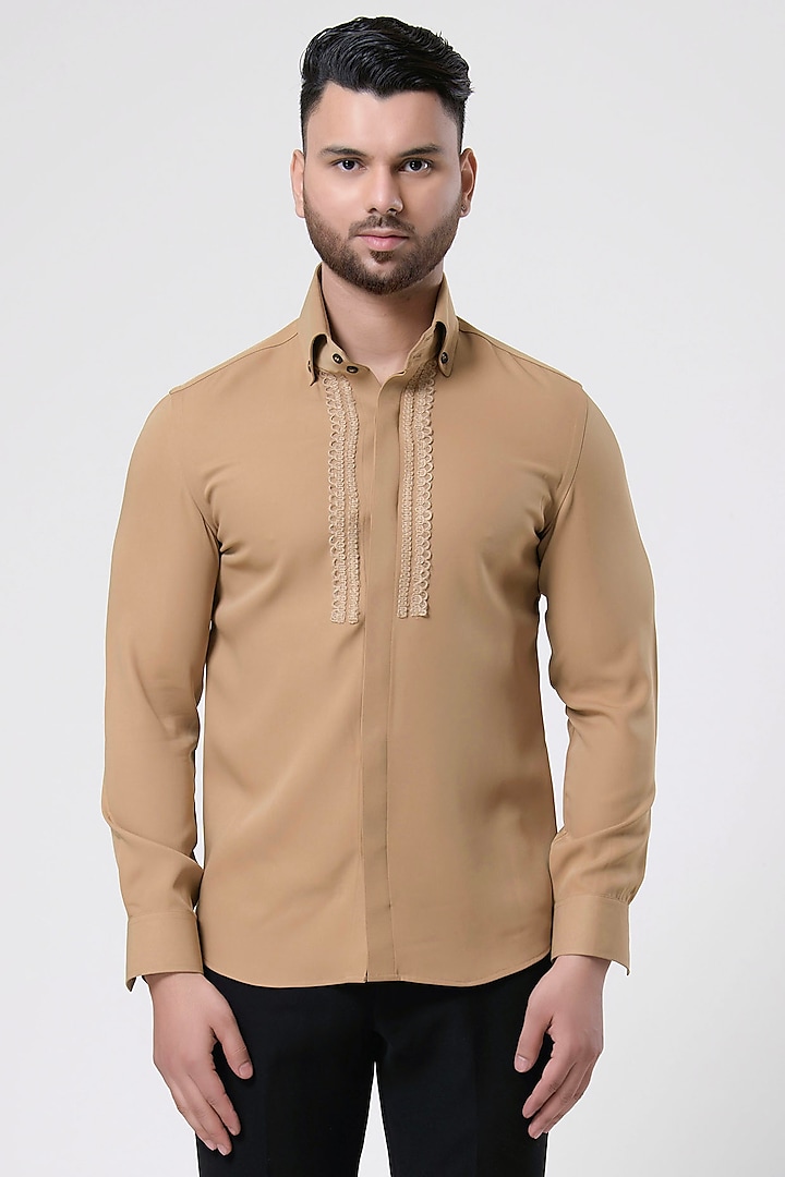 Khaki Italian Crepe Shirt by Aditya Sachdeva Men