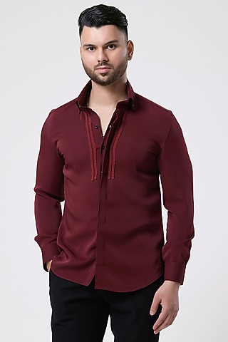 Wine Italian Crepe Shirt by Aditya Sachdeva Men