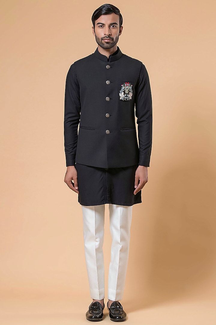 Black Terry Rayon Bundi Jacket Set by Aditya Sachdeva Men