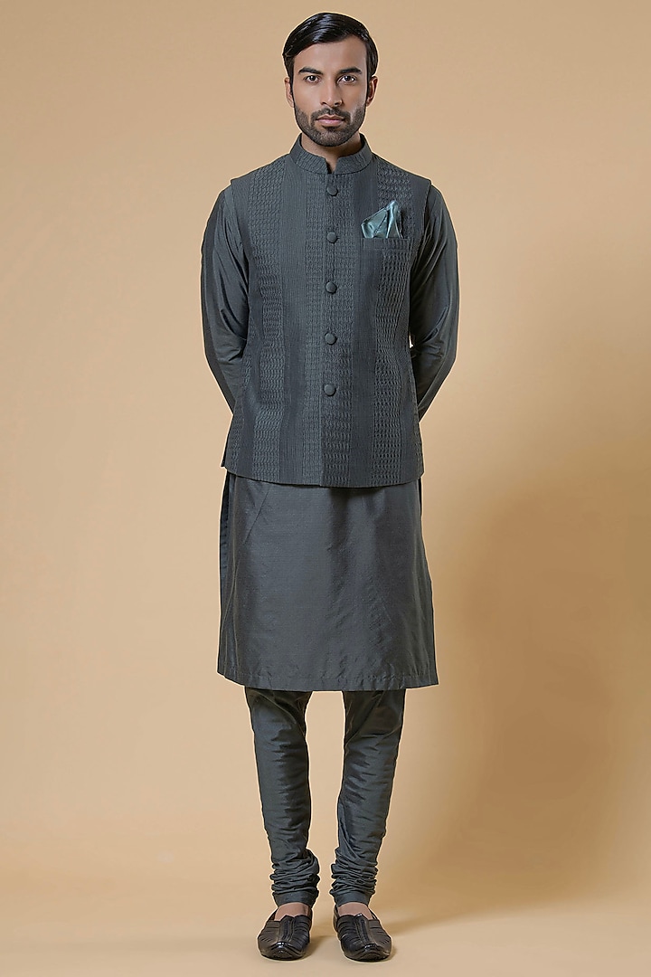 Olive Green Polystyrene Bundi Jacket Set by Aditya Sachdeva Men