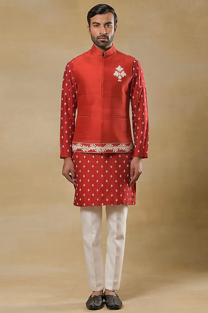 Red Raw Silk Resham Work Bundi Jacket Set by Aditya Sachdeva Men