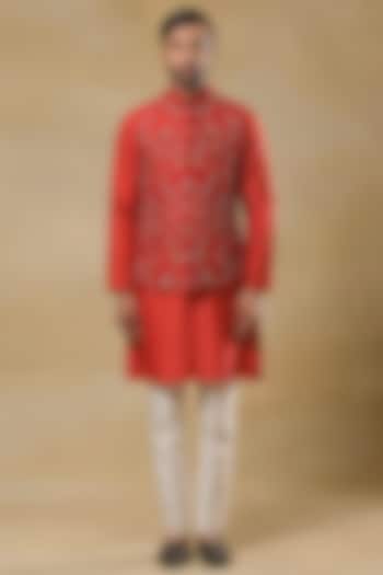 Red Raw Silk Hand Embroidered Bundi Jacket Set by Aditya Sachdeva Men
