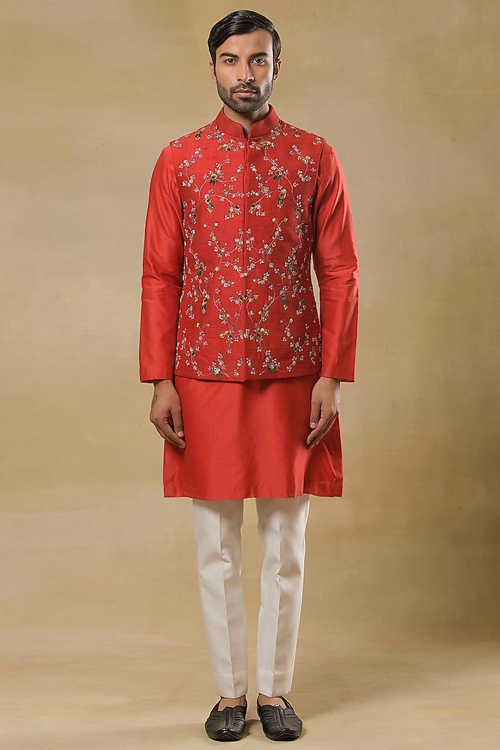 Red Raw Silk Hand Embroidered Bundi Jacket Set by Aditya Sachdeva Men
