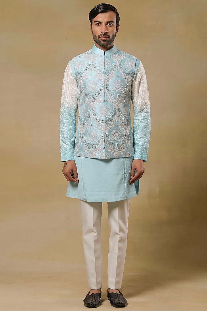 Sky Blue Poly Dupion Hand Embroidered Nehru Jacket Set by Aditya Sachdeva Men