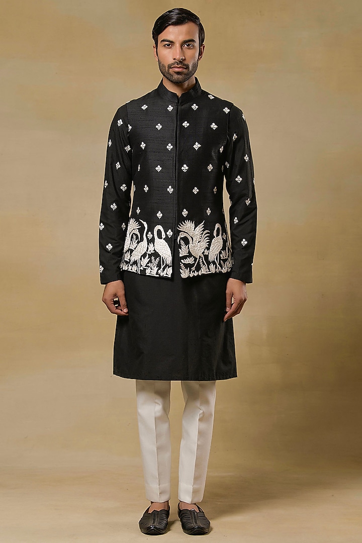 Black Raw Silk Boota Machine Embroidered Nehru Jacket Set by Aditya Sachdeva Men