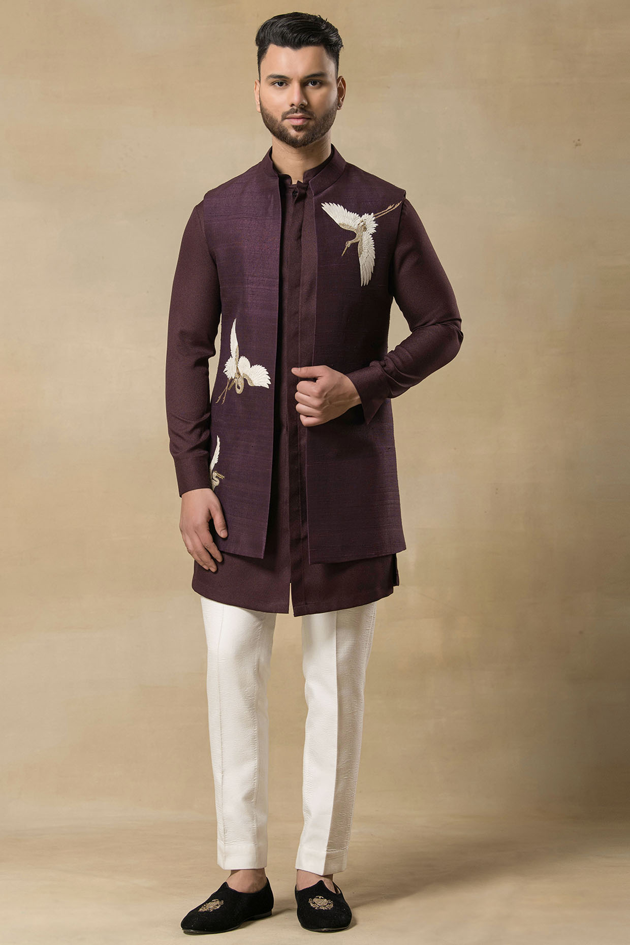 Wine Raw Silk Flamingo Resham Embroidered Indo-Western Jacket Set by Aditya Sachdeva Men at Pernia's Pop Up Shop