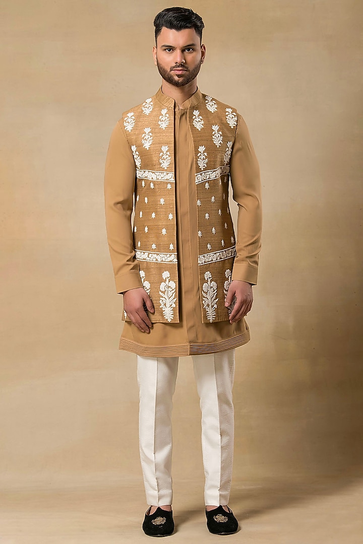 Brown Raw Silk Resham Machine Embroidered Indo-Western Jacket Set by Aditya Sachdeva Men