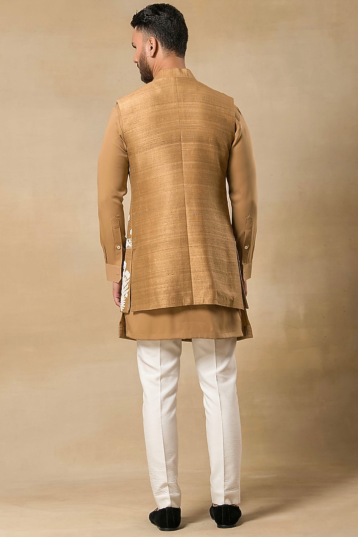 Brown Raw Silk Resham Machine Embroidered Indo-Western Jacket Set by Aditya Sachdeva Men at Pernia's Pop Up Shop