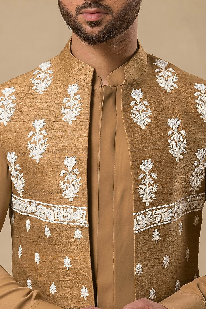 Brown Raw Silk Resham Machine Embroidered Indo-Western Jacket Set by Aditya Sachdeva Men at Pernia's Pop Up Shop