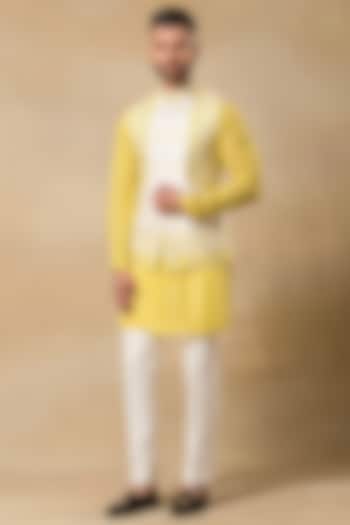 Yellow Raw Silk Resham Embroidered Nehru Jacket Set by Aditya Sachdeva Men