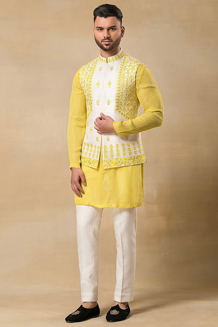 Yellow Raw Silk Resham Embroidered Nehru Jacket Set by Aditya Sachdeva Men