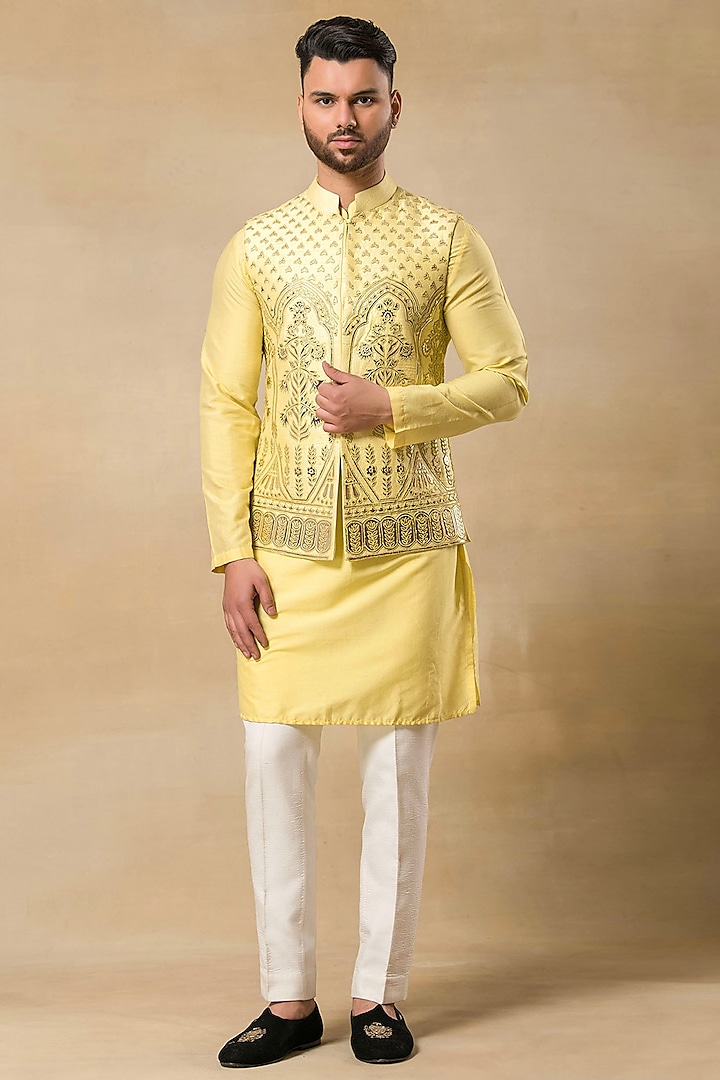 Yellow Raw Silk Leather Embroidered Nehru Jacket Set by Aditya Sachdeva Men