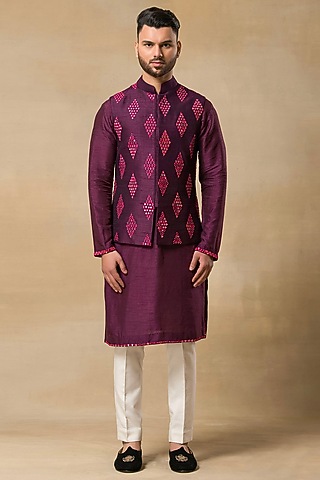 Wine Raw Silk Mirror Embroidered Nehru Jacket Set by Aditya Sachdeva Men