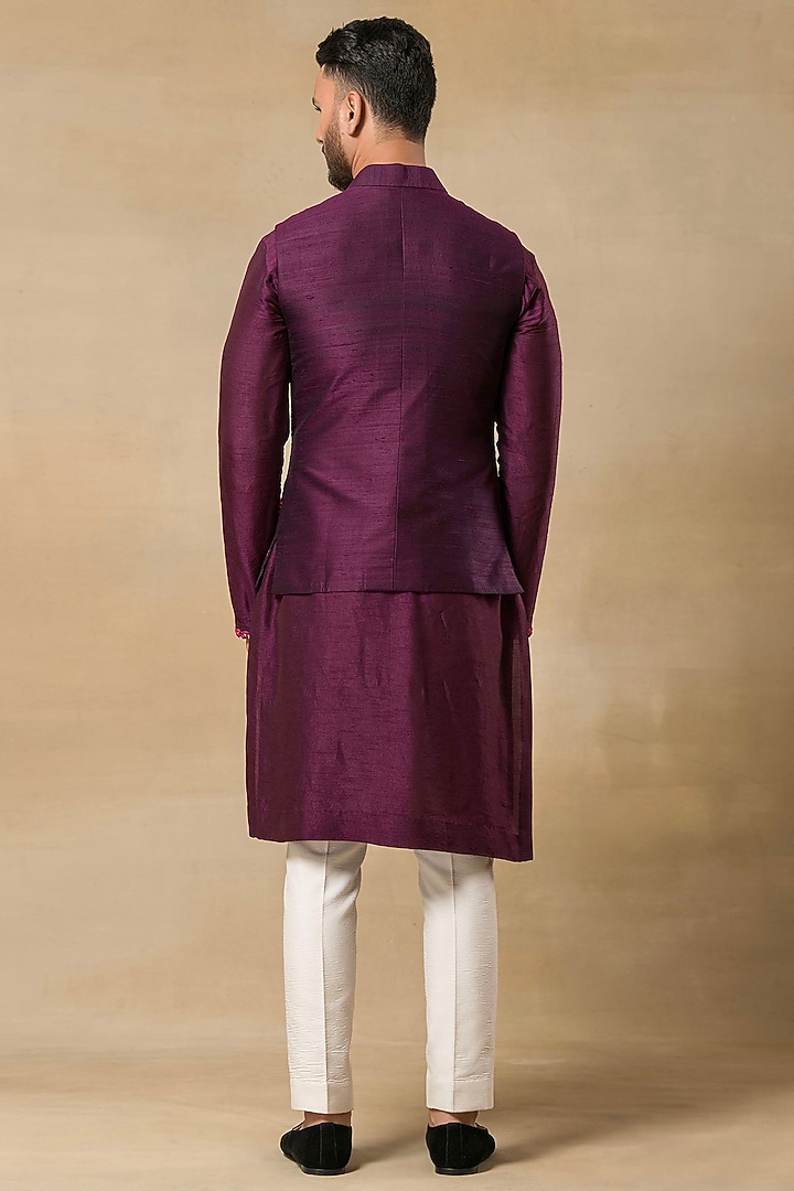 Wine Raw Silk Mirror Embroidered Nehru Jacket Set by Aditya Sachdeva Men at Pernia's Pop Up Shop