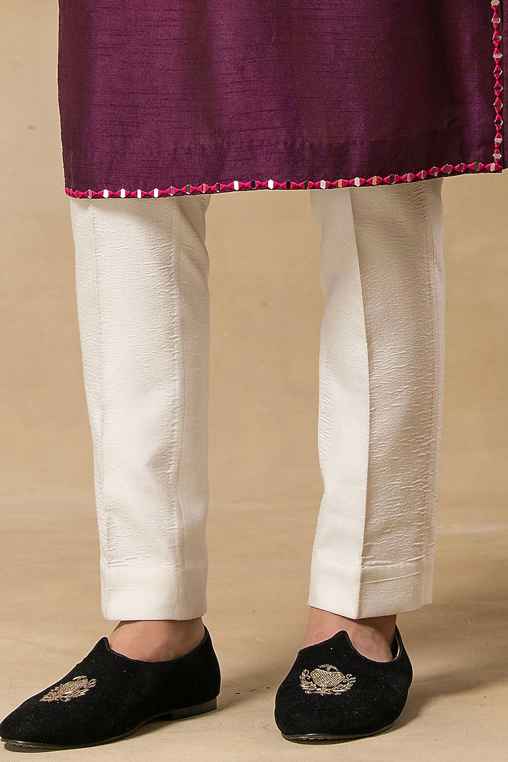 Wine Raw Silk Mirror Embroidered Nehru Jacket Set by Aditya Sachdeva Men at Pernia's Pop Up Shop