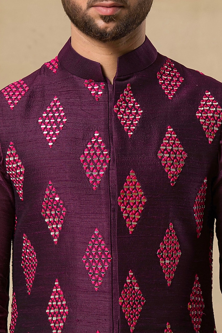 Wine Raw Silk Mirror Embroidered Nehru Jacket Set by Aditya Sachdeva Men at Pernia's Pop Up Shop