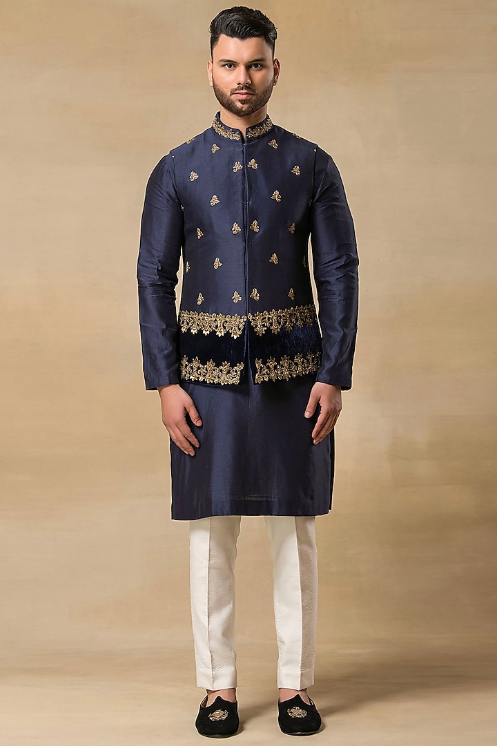 Navy Blue Velvet Hand Embroidered Nehru Jacket Set by Aditya Sachdeva Men